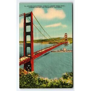 San Francisco Golden Gate Bridge California Postcard Ship Boat Linen Vintage
